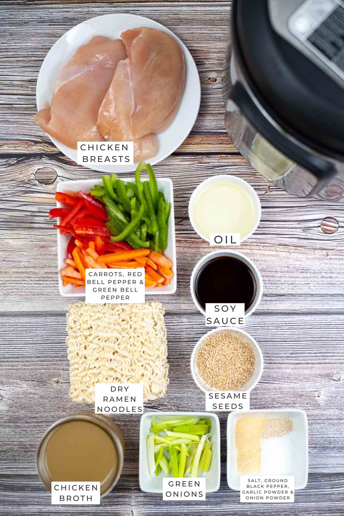 Instant Pot ramen stir fry labeled ingredients.