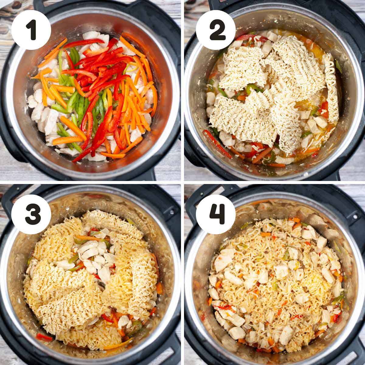 four image process making Instant Pot ramen stir fry.