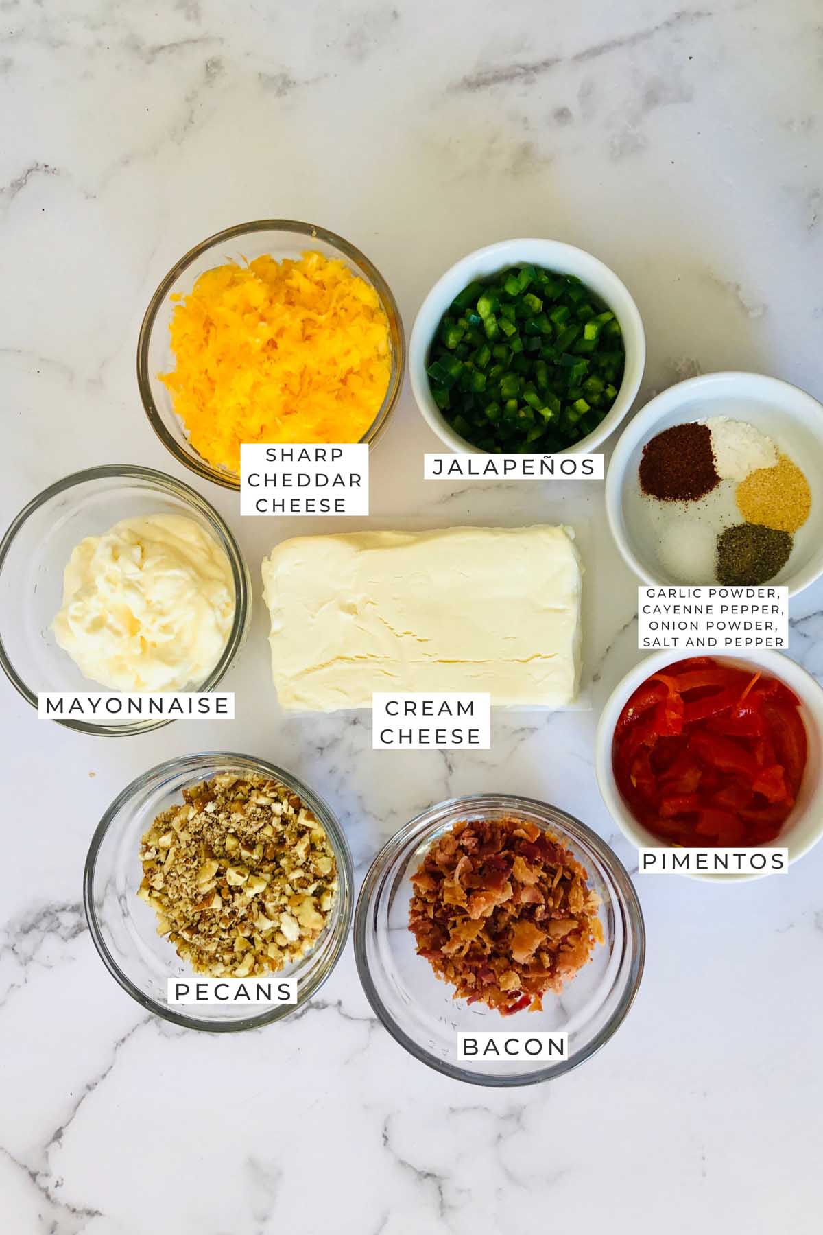Labeled ingredients for the cheese balls.