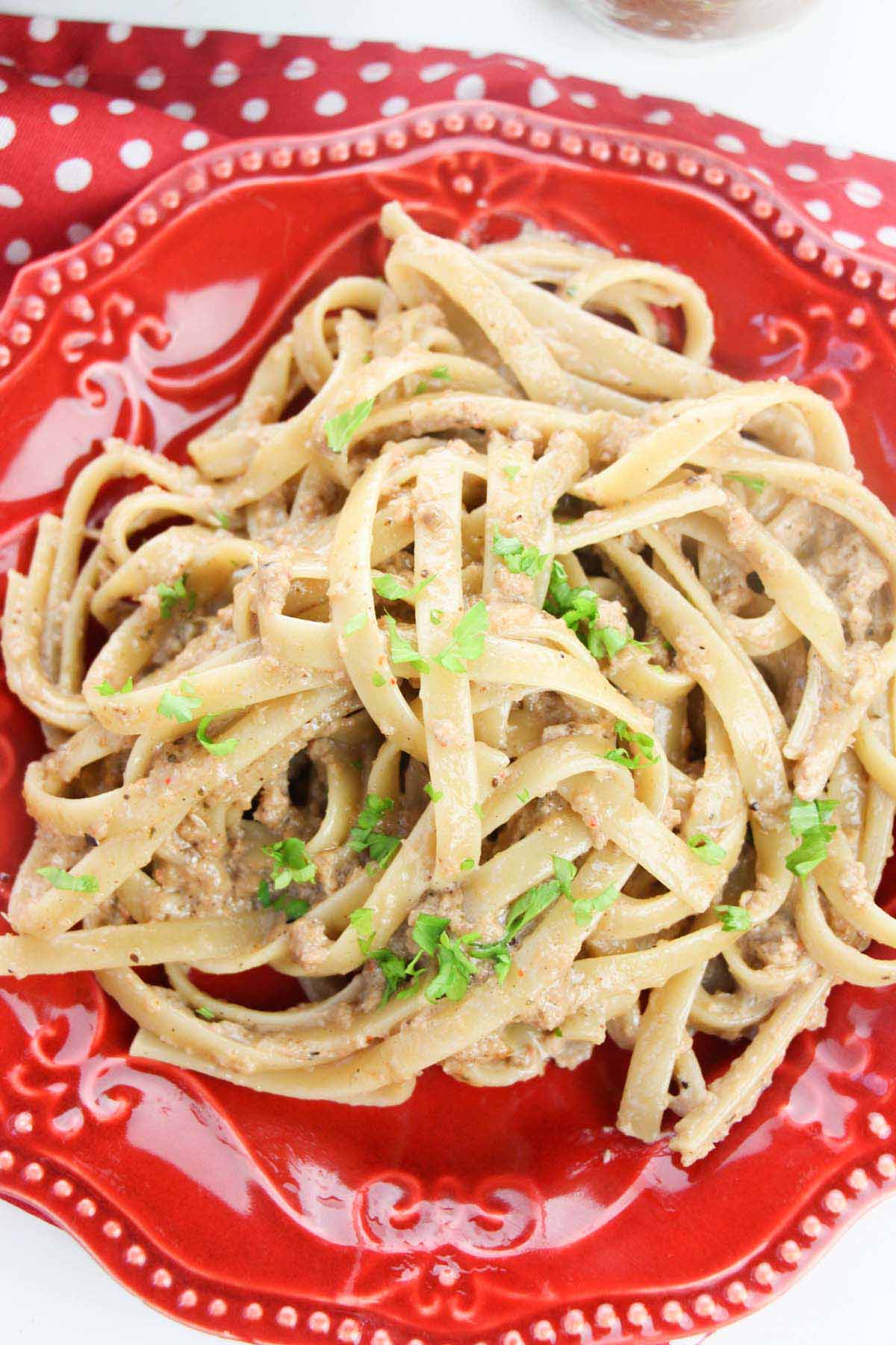 Fettuccini pasta on a red plate.