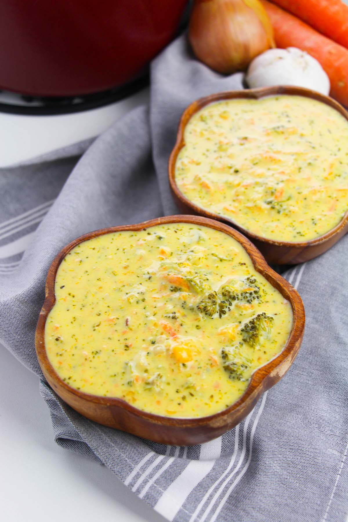 broccoli cheddar soup in two bowls.