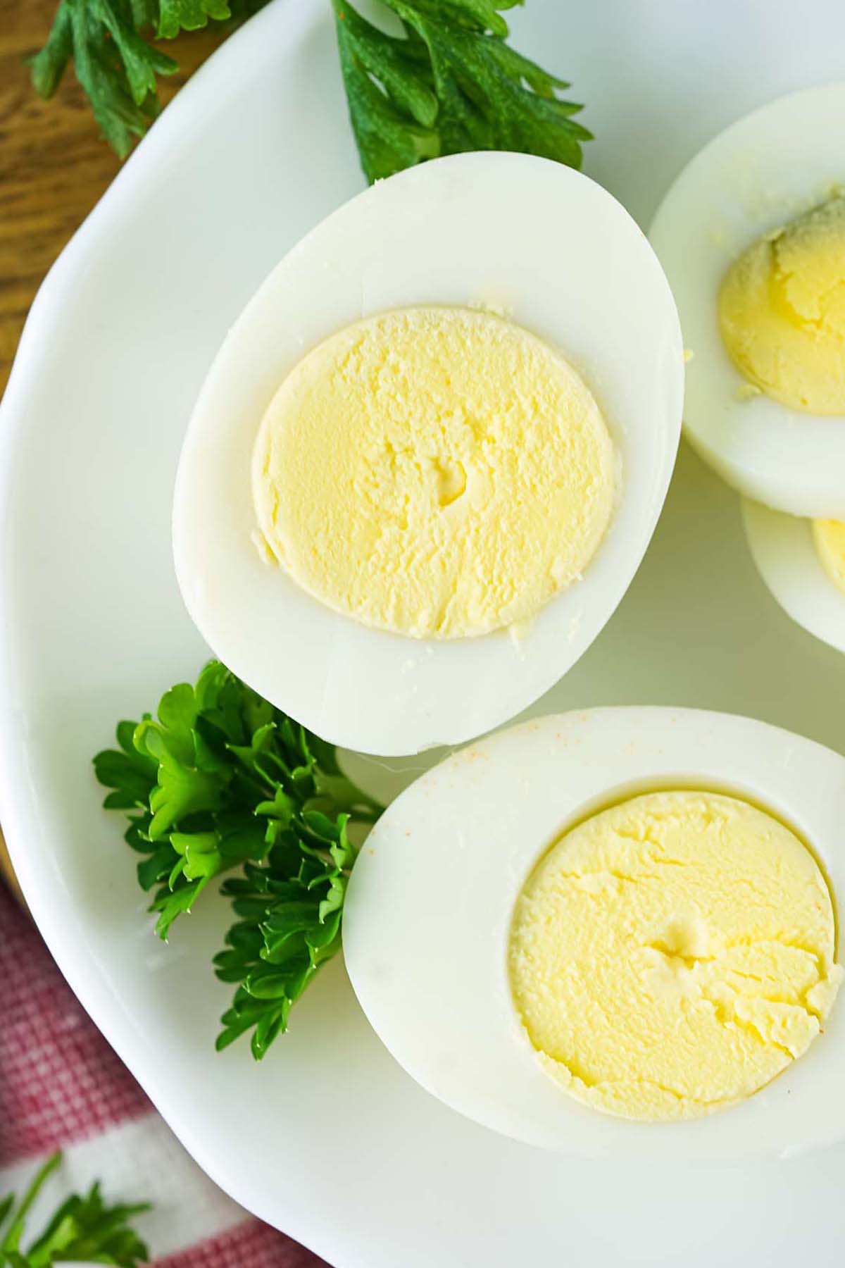 Boiled egg sliced in half.