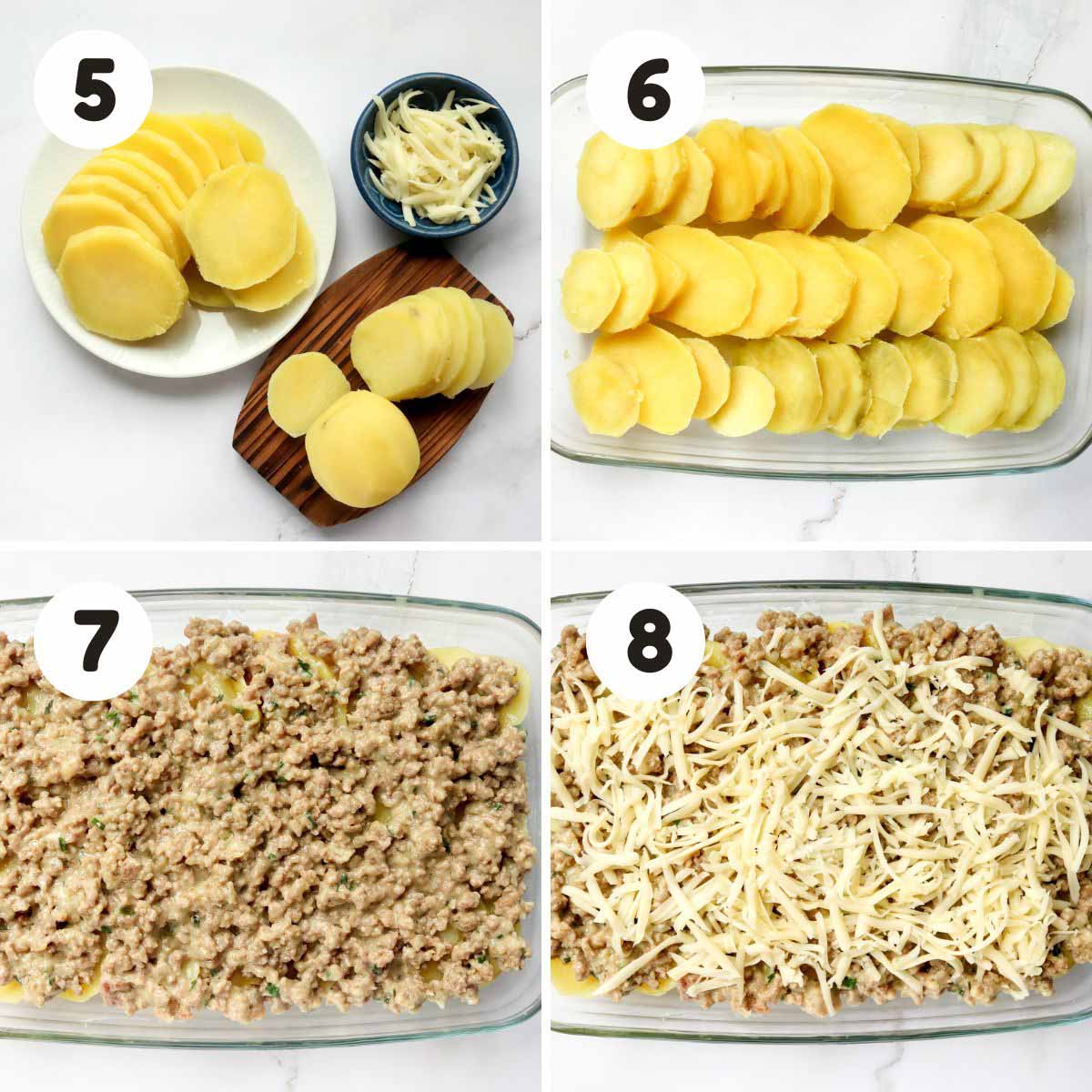 four image process making potato and sausage casserole.