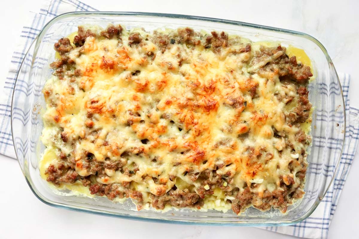 top view of casserole in baking dish.