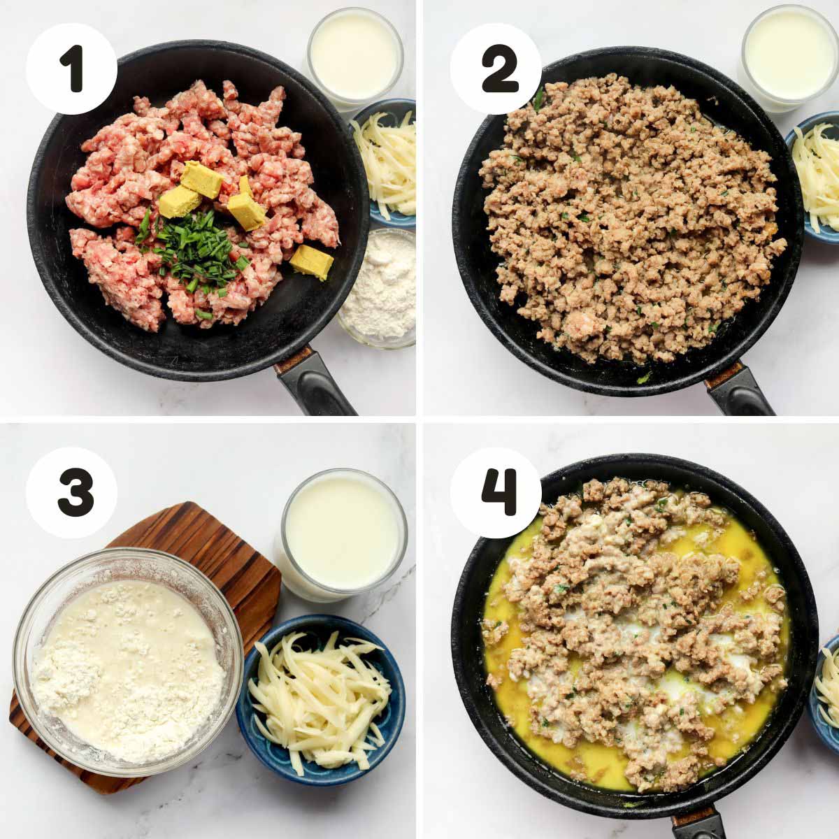 four image process making sausage and potato casserole.