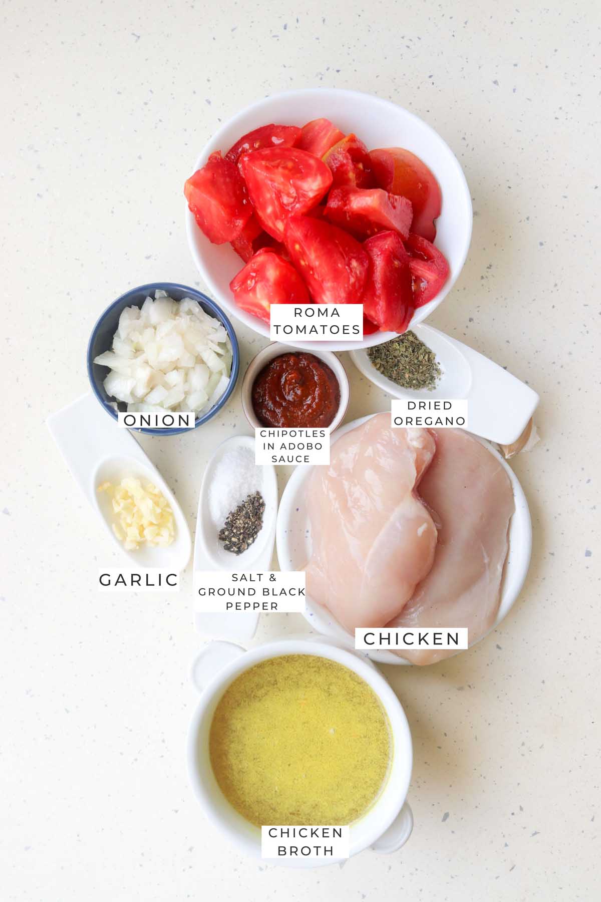 Labeled ingredients to make the chicken tinga.