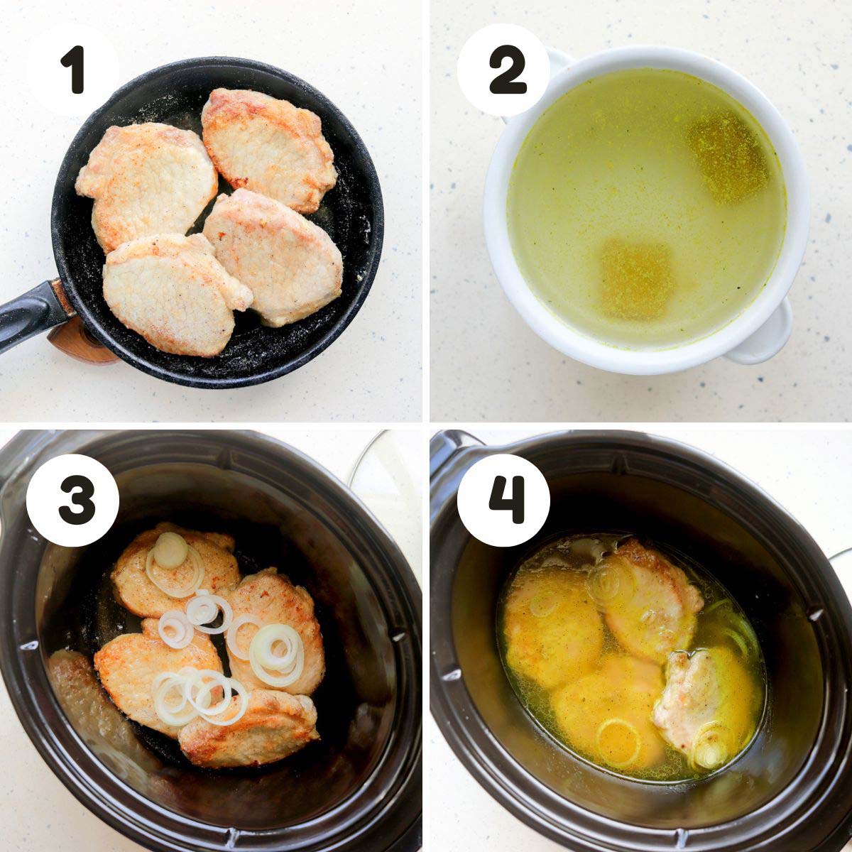 four image process making slow cooker sour cream pork chops.