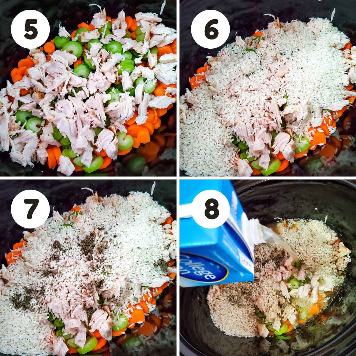 four image process making slow cooker turkey soup and rice.