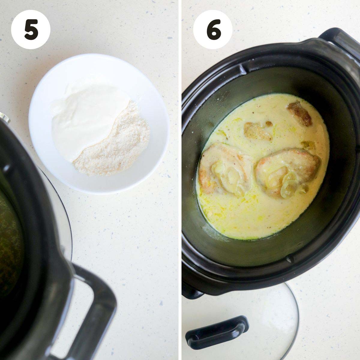 two image process making slow cooker sour cream pork chops.