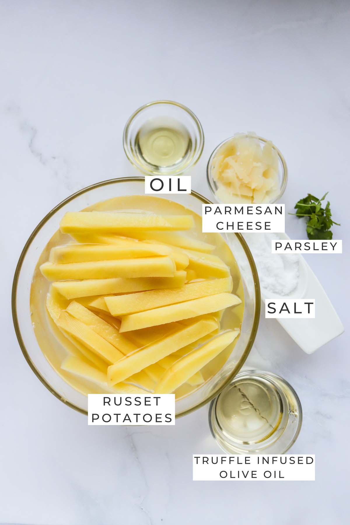 Labeled ingredients for the truffle fries.