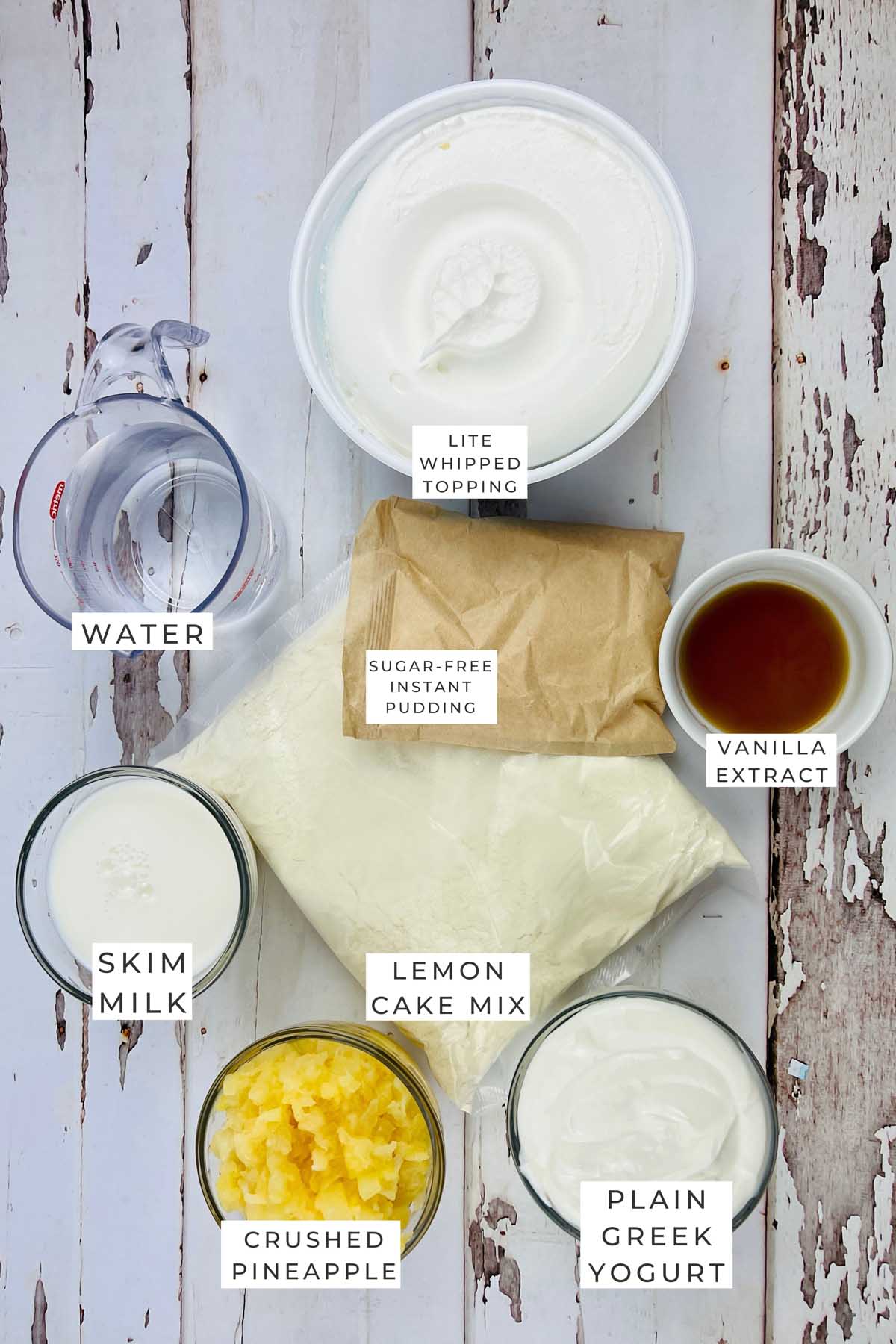 Labeled ingredients for the lemon cake.