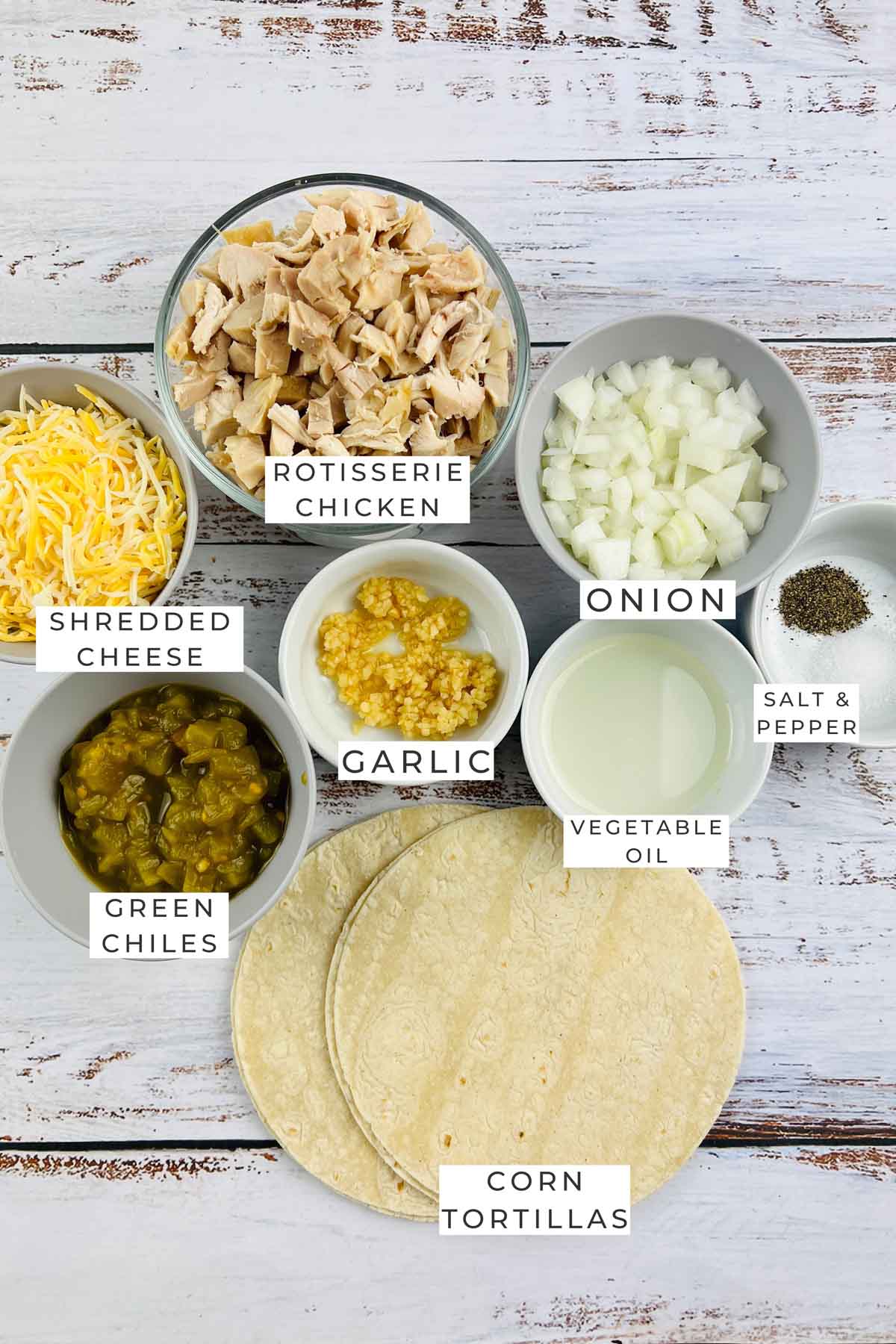 Labeled ingredients for the taquitos. 