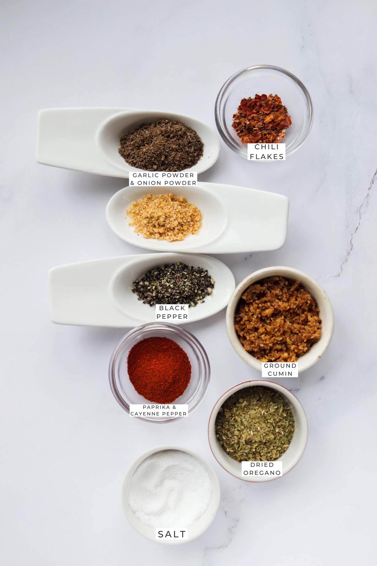 Labeled ingredients for the seasoning.