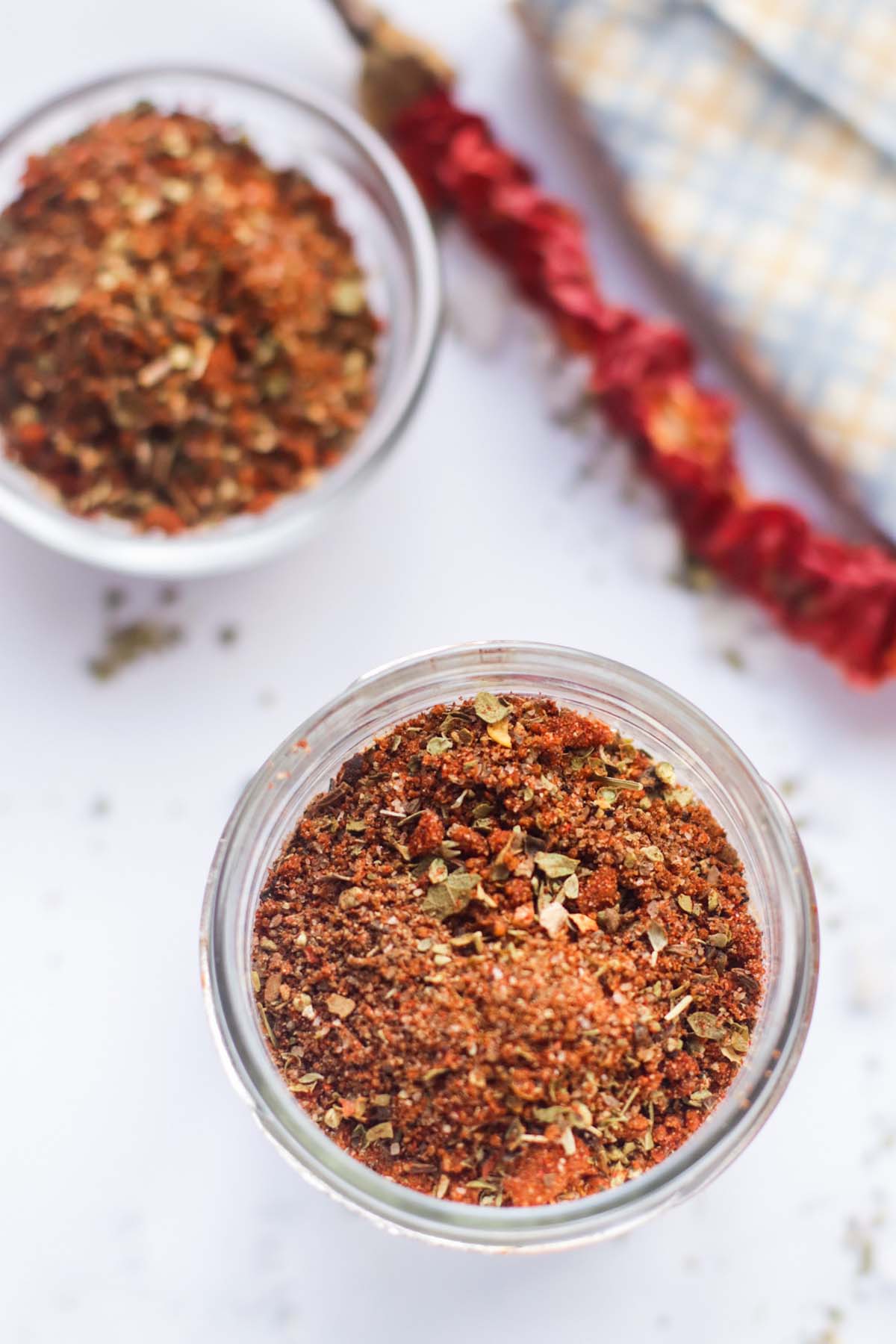 Seasonings in a glass dish.