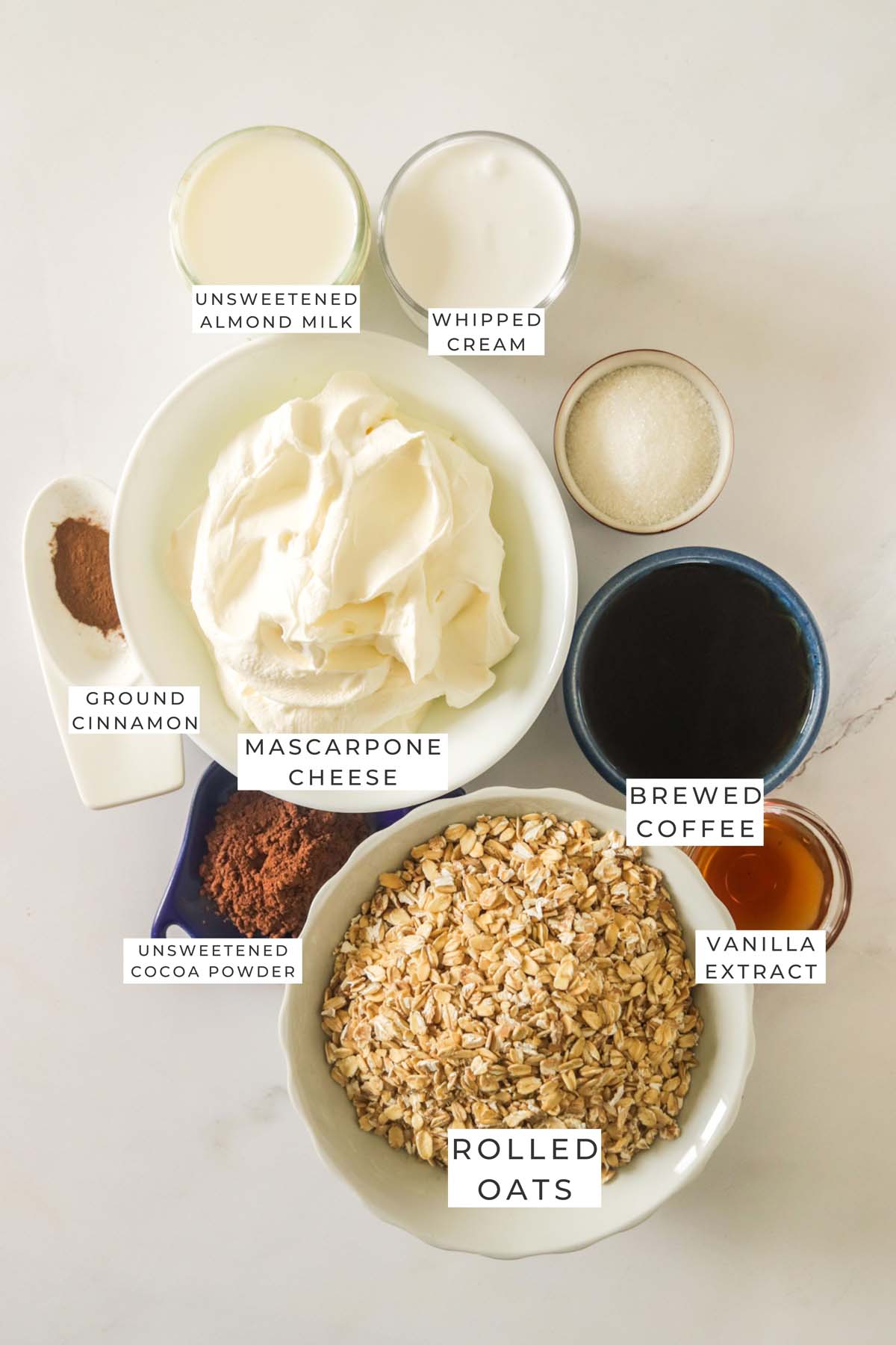 Labeled ingredients to make the overnight oats.