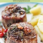 Pinterest pin of air fryer filet mignon.