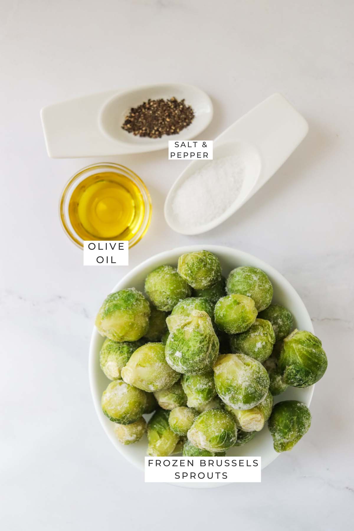 Labeled ingredients for the Brussels sprouts.
