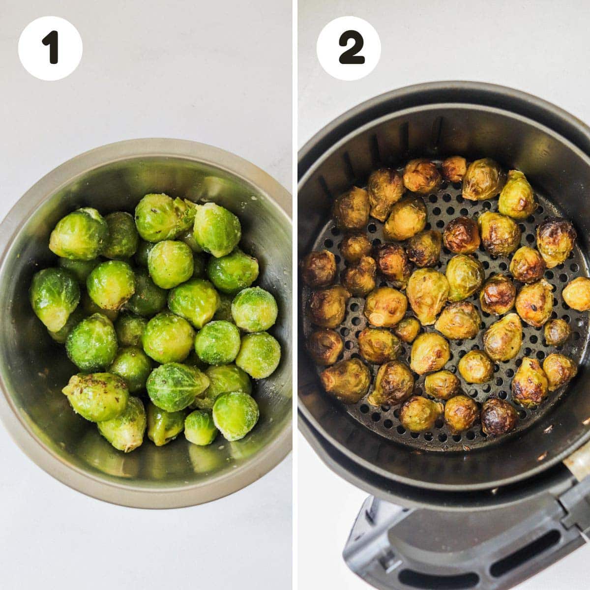 Steps to make the Brussels sprouts in the air fryer.