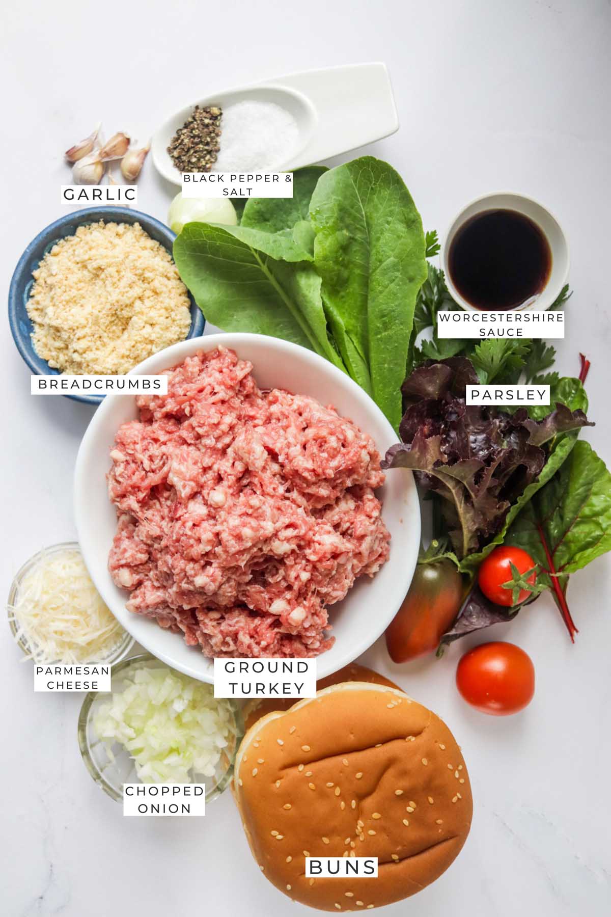 Labeled ingredients for the turkey burgers.