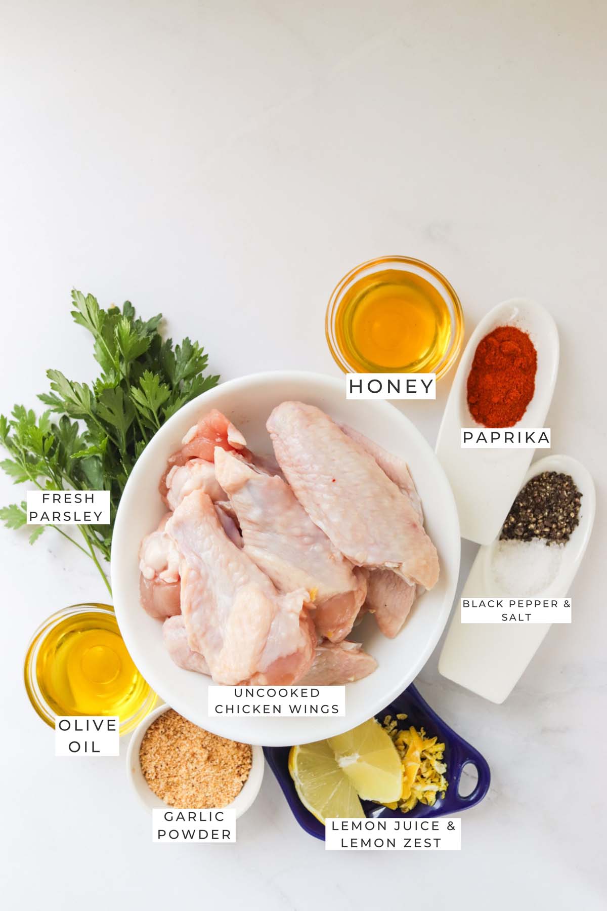 Labeled ingredients for the chicken wings.