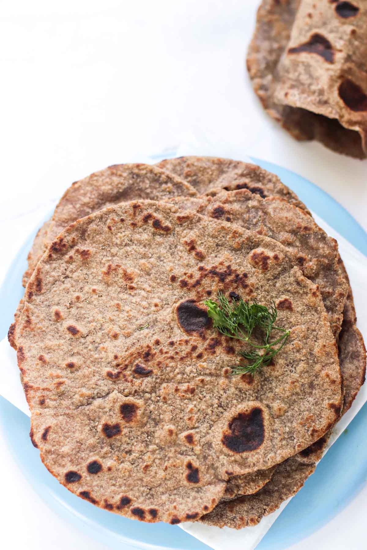 Stack of tortillas on a blue plate.