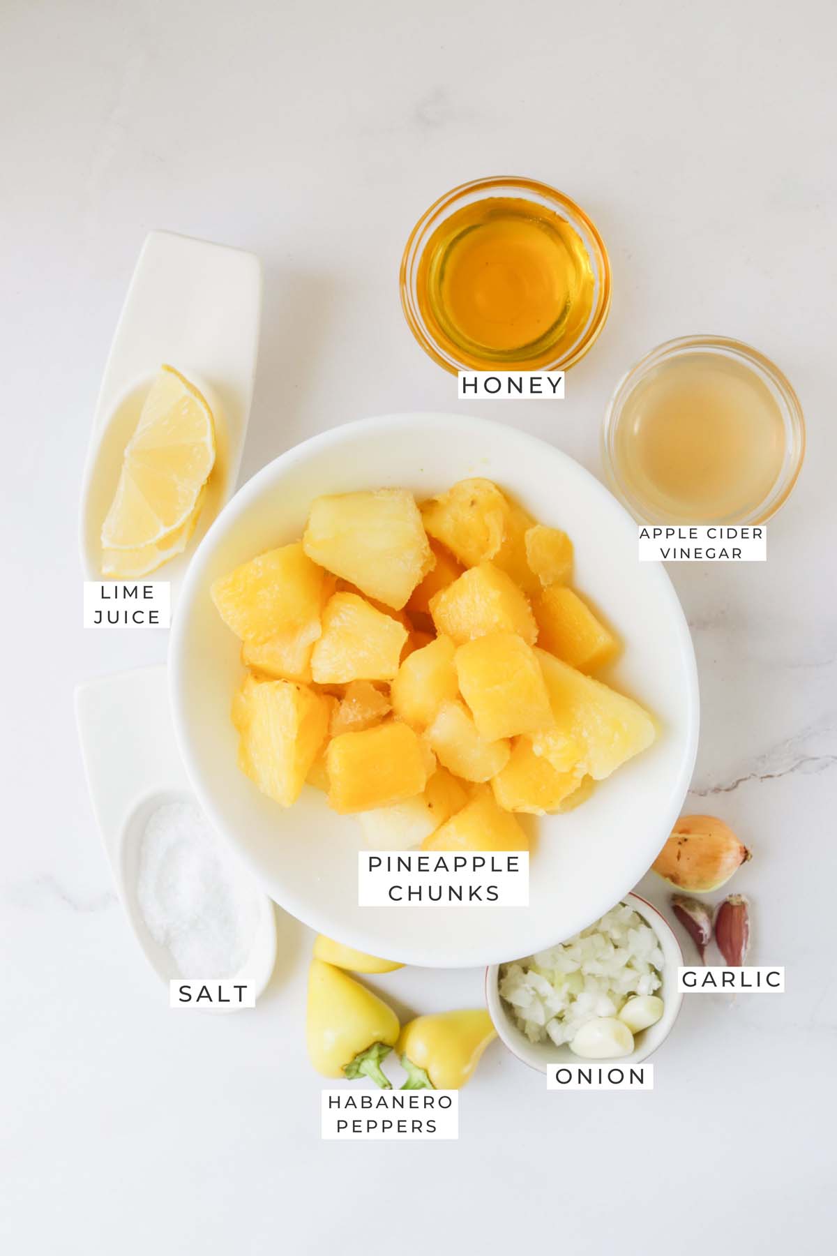 Labeled ingredients for the pineapple sauce.
