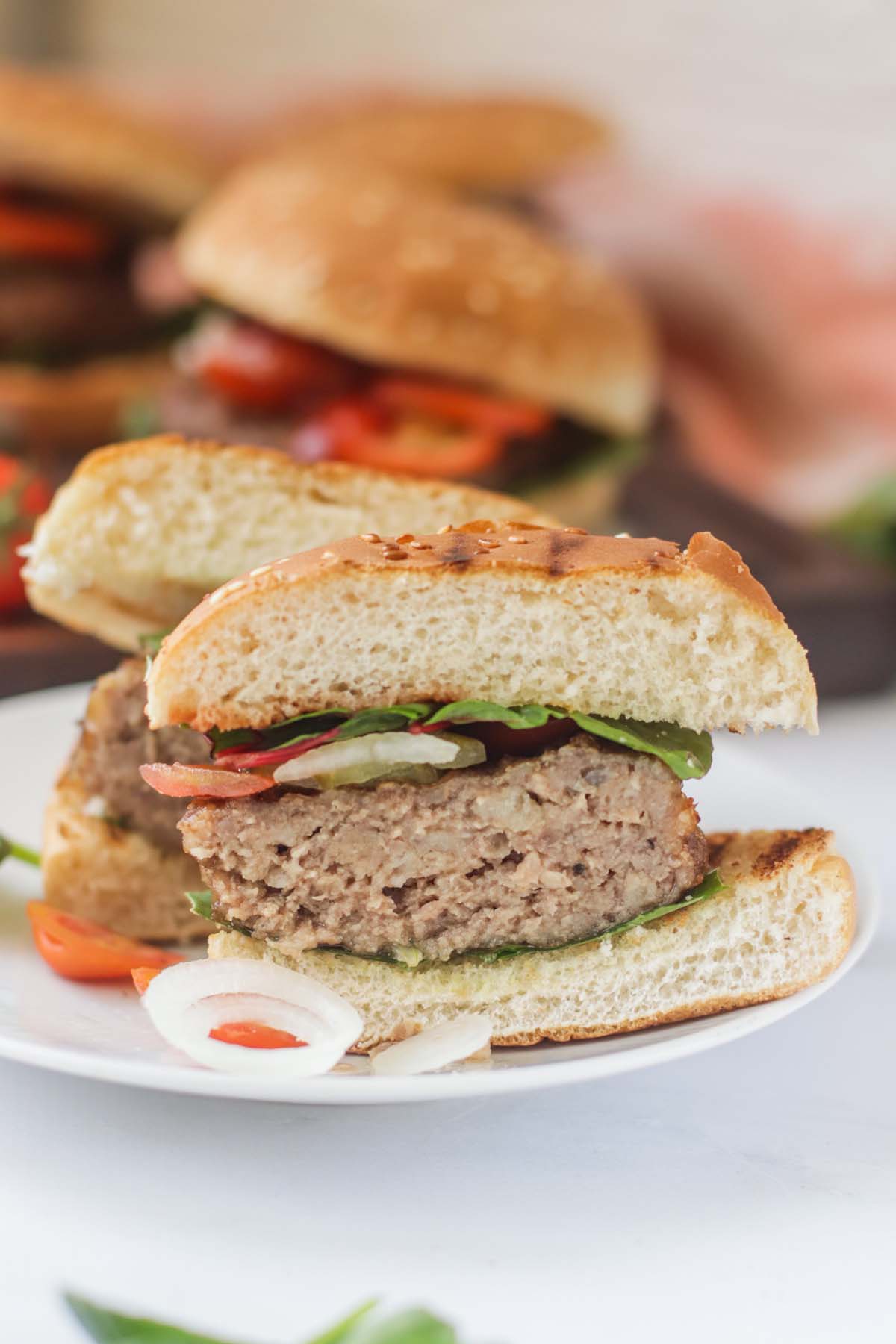 Turkey burger cut in half.