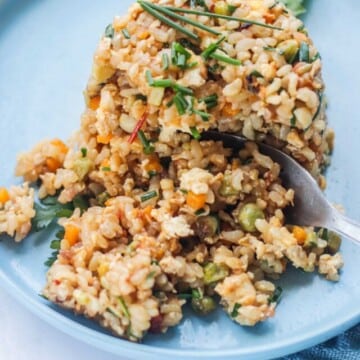 A scoop of fried rice on a plate.
