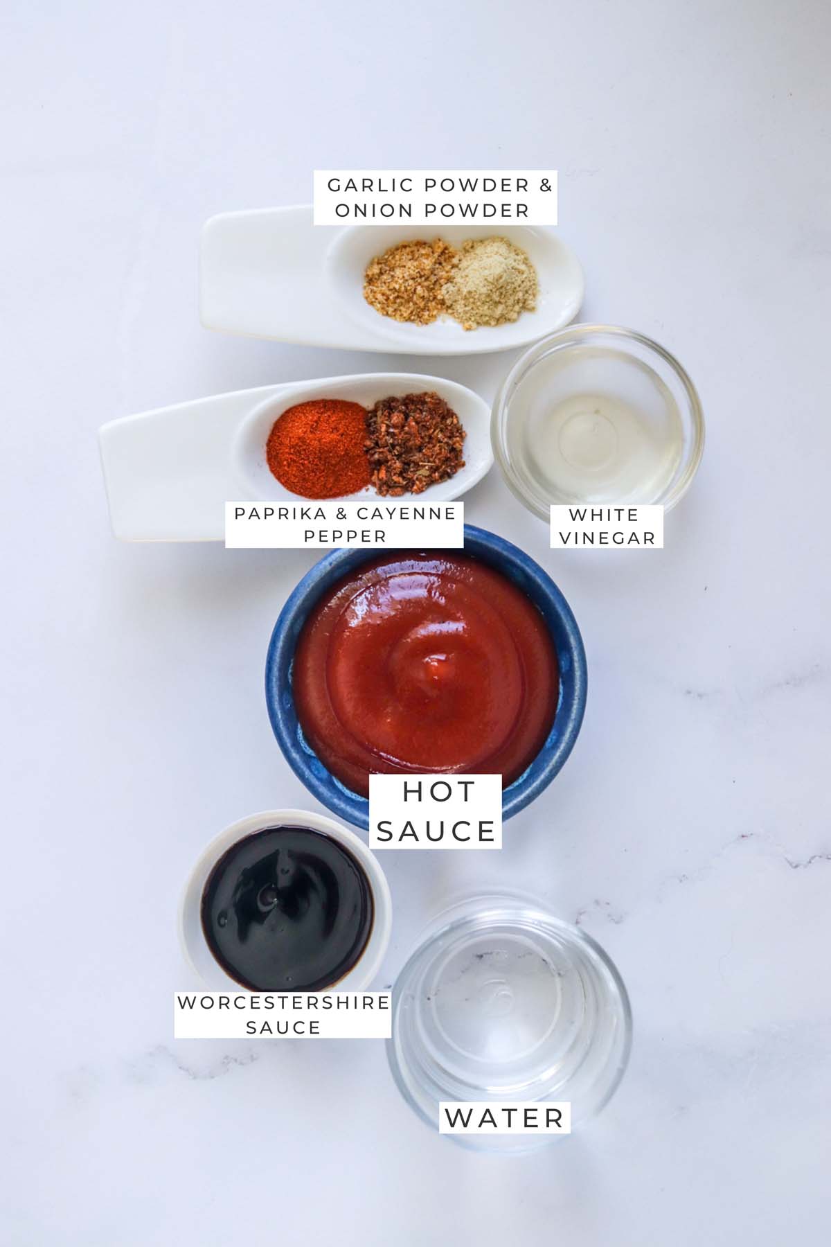 Labeled ingredients for the buffalo sauce.