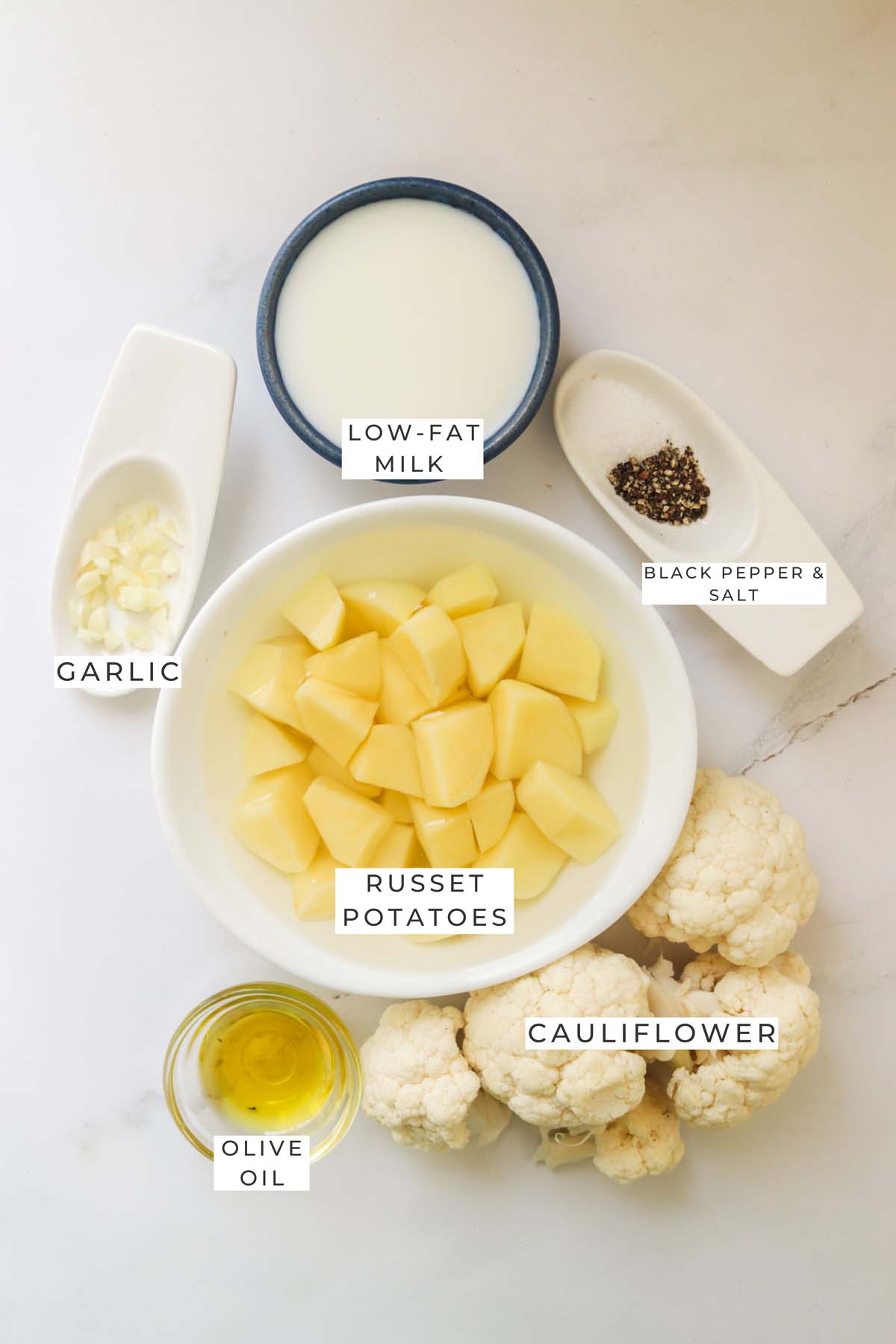 Labeled ingredients to make the mashed potatoes.