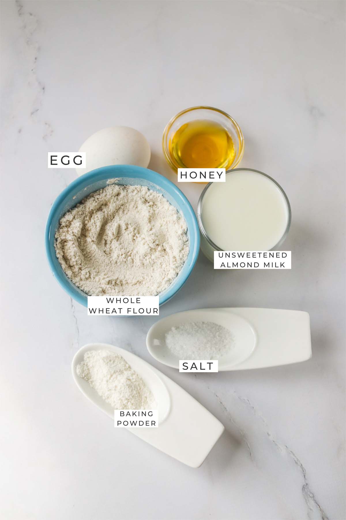 Labeled ingredients for the pancakes.