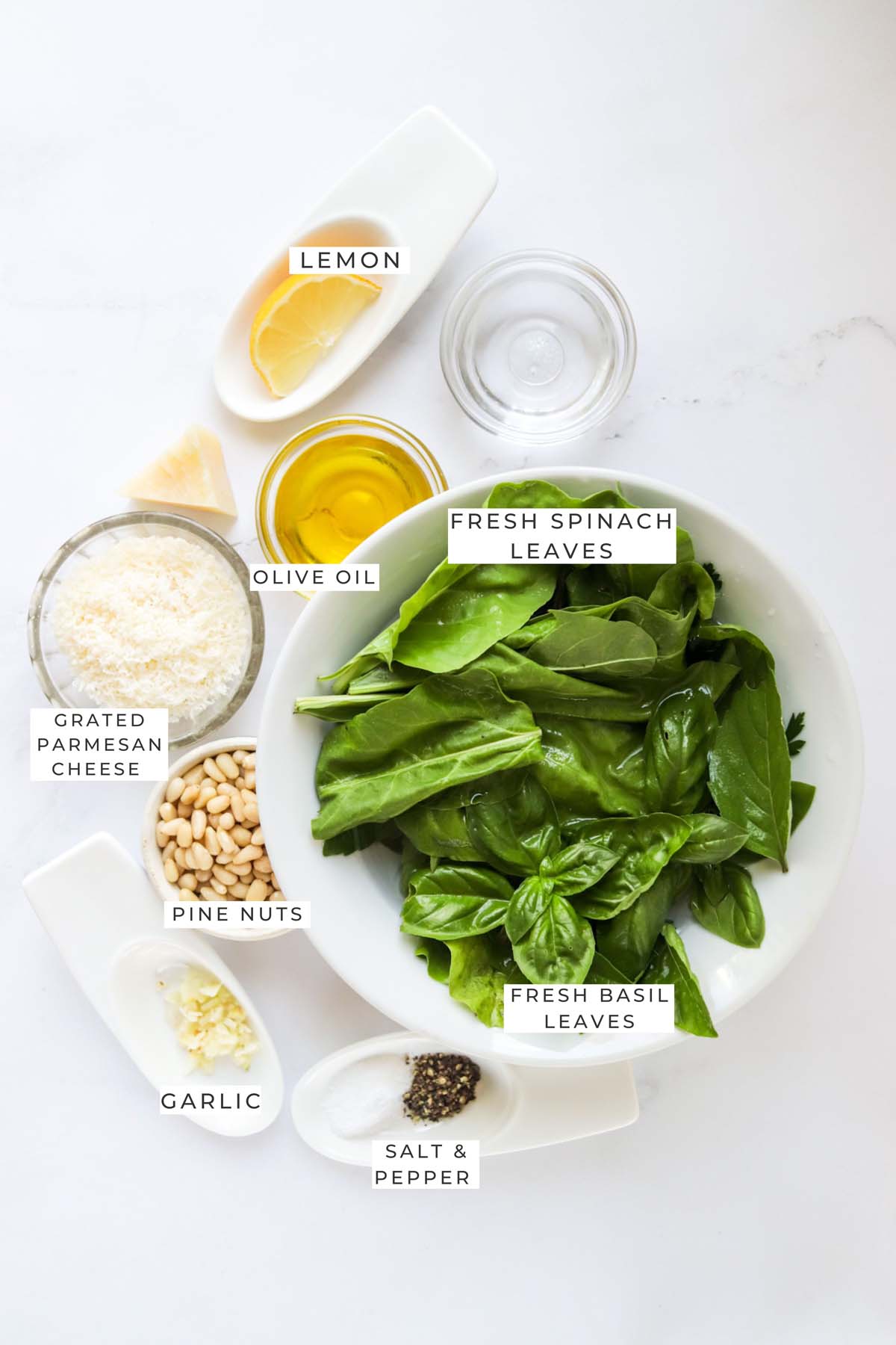 Labeled ingredients for the pesto.