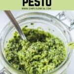 Pinterest pin of low calorie pesto.