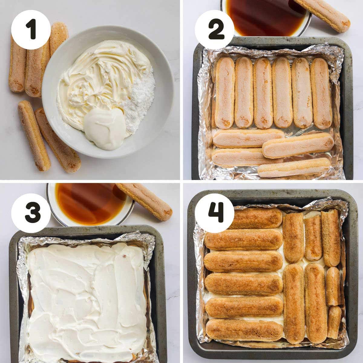 Steps to make the tiramisu.