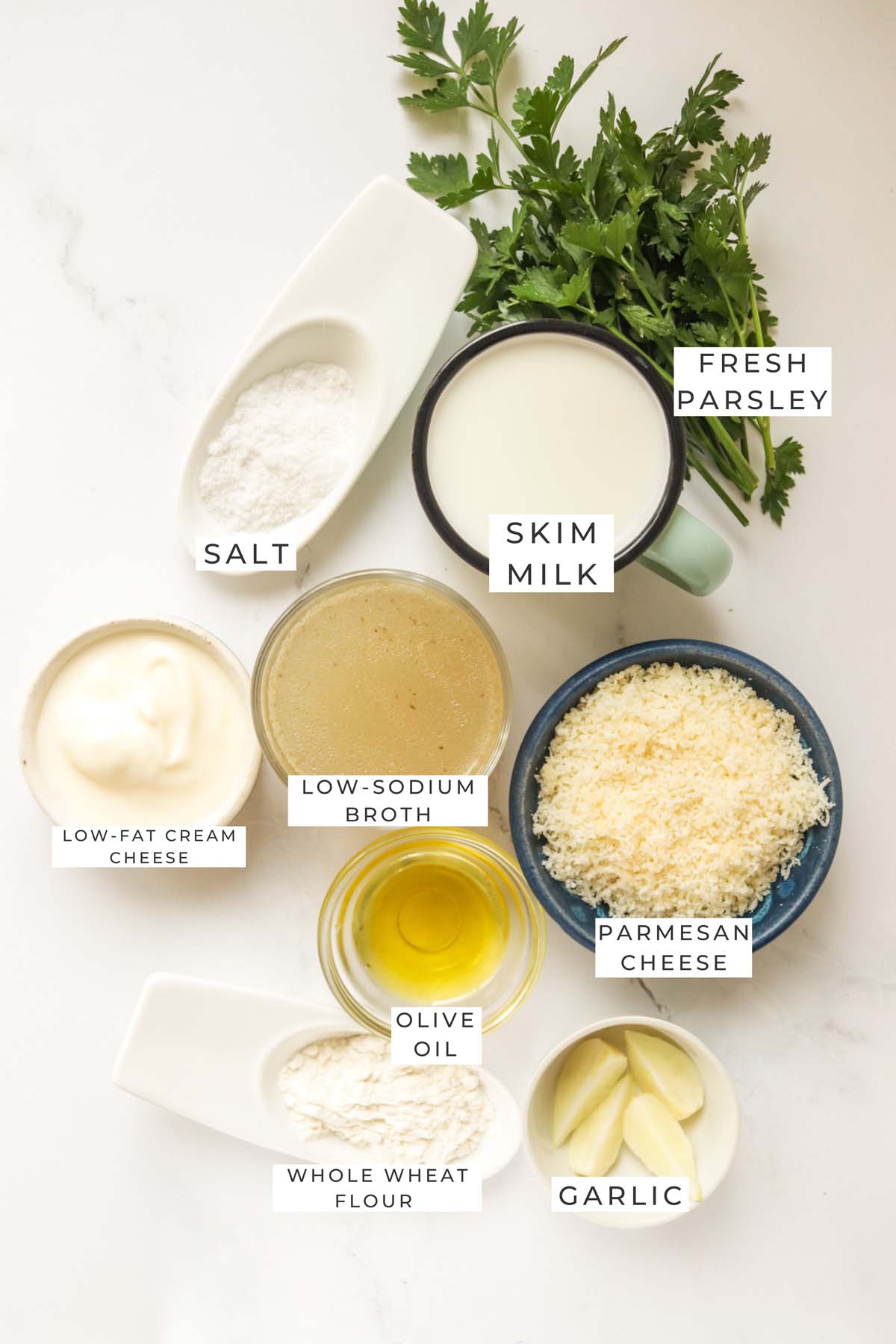 Labeled ingredients for the alfredo sauce.