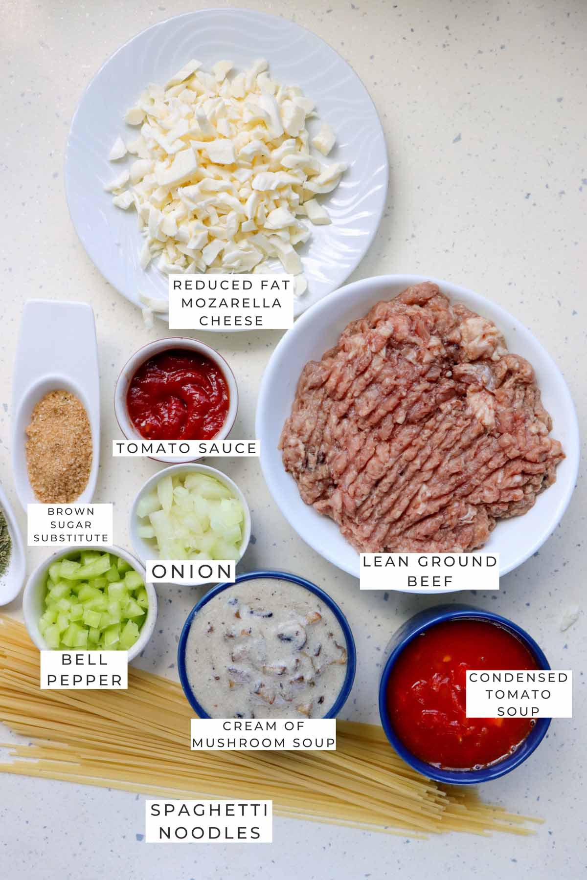 Labeled ingredients to make the baked spaghetti.