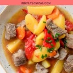 Pinterest pin of low calorie beef stew.