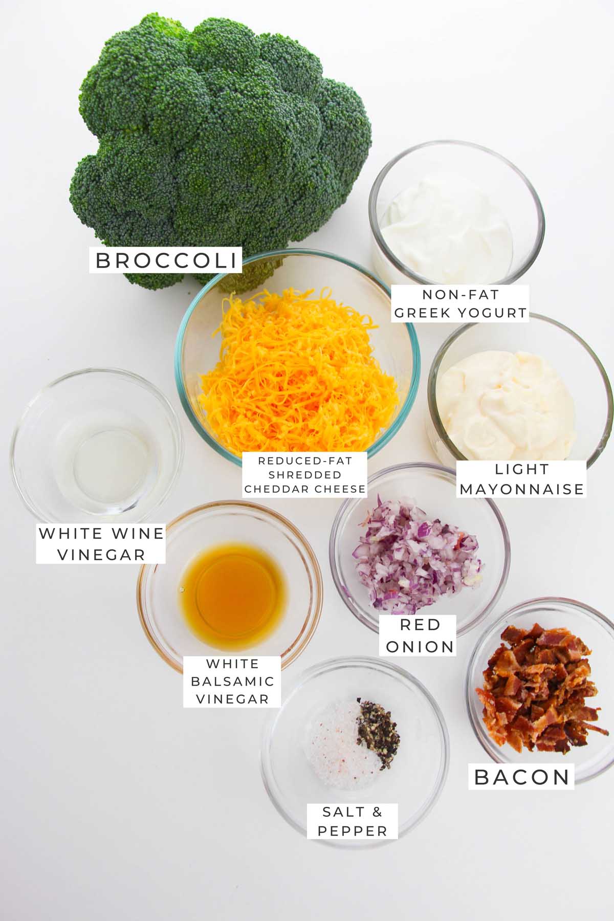 Labeled ingredients for the broccoli salad.