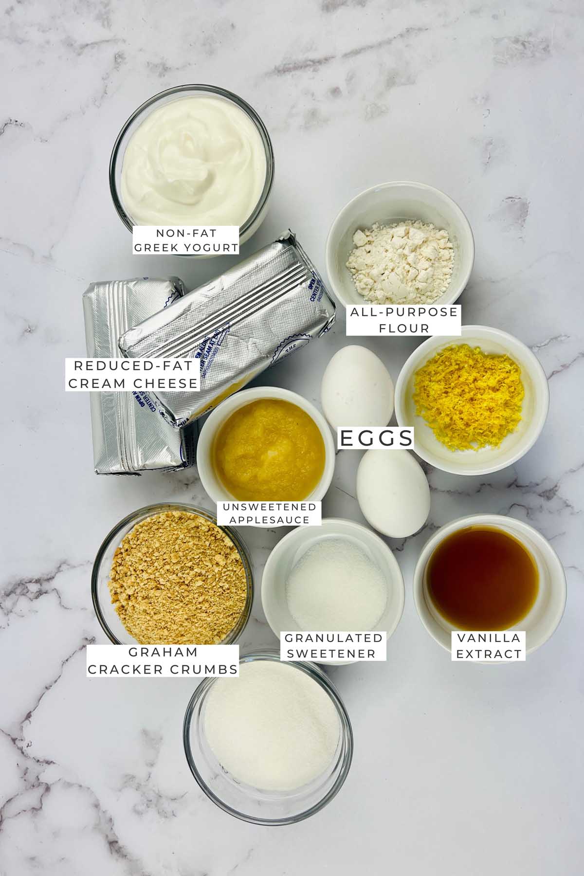 Labeled ingredients for the cheesecake.