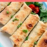 Pinterest pin of low calorie chicken chimichangas.
