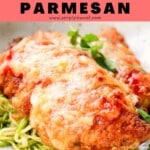 Pinterest pin of low calorie chicken parmesan.
