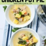 Pinterest pin of low calorie chicken pot pie soup.