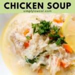 Pinterest pin of low calorie Greek lemon chicken soup.
