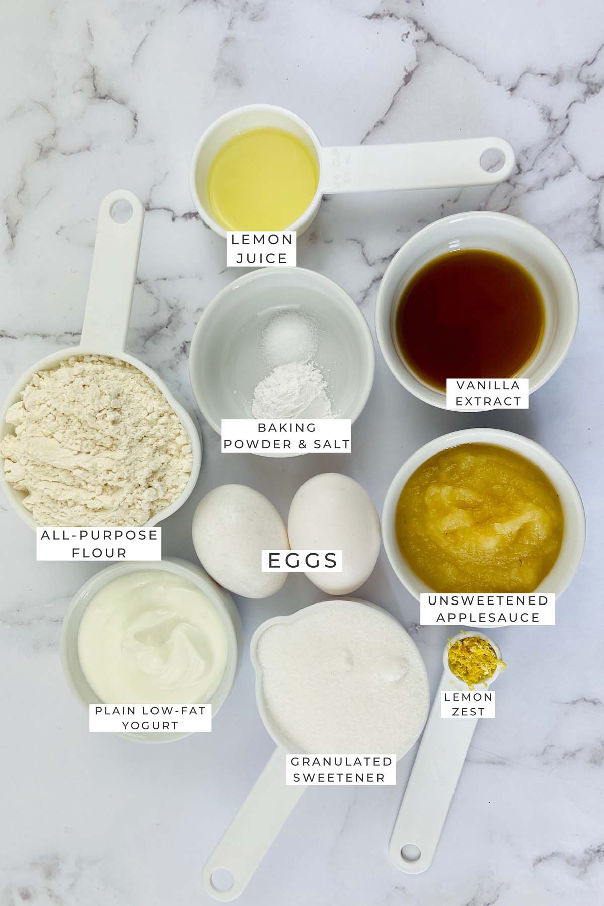 Labeled ingredients for the lemon cake.