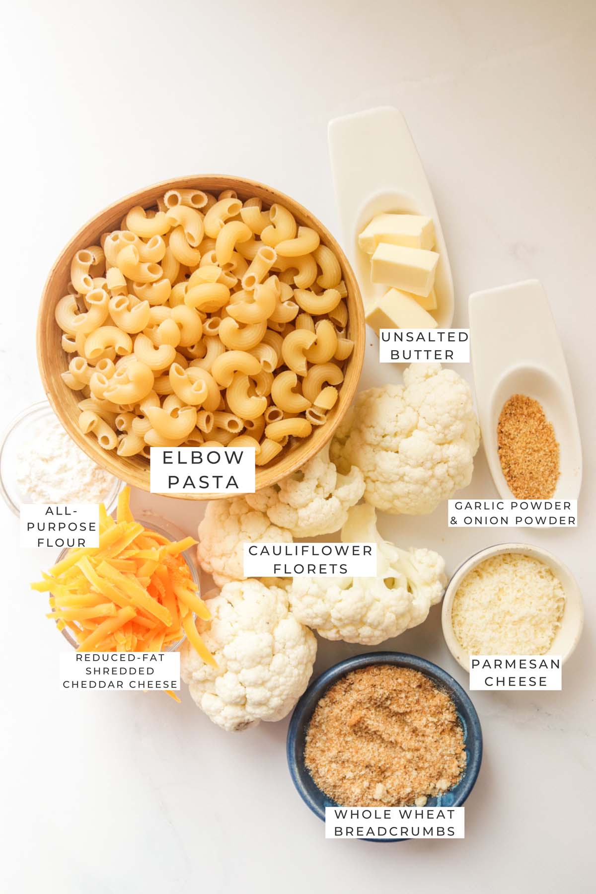 Labeled ingredients for the mac and cheese.