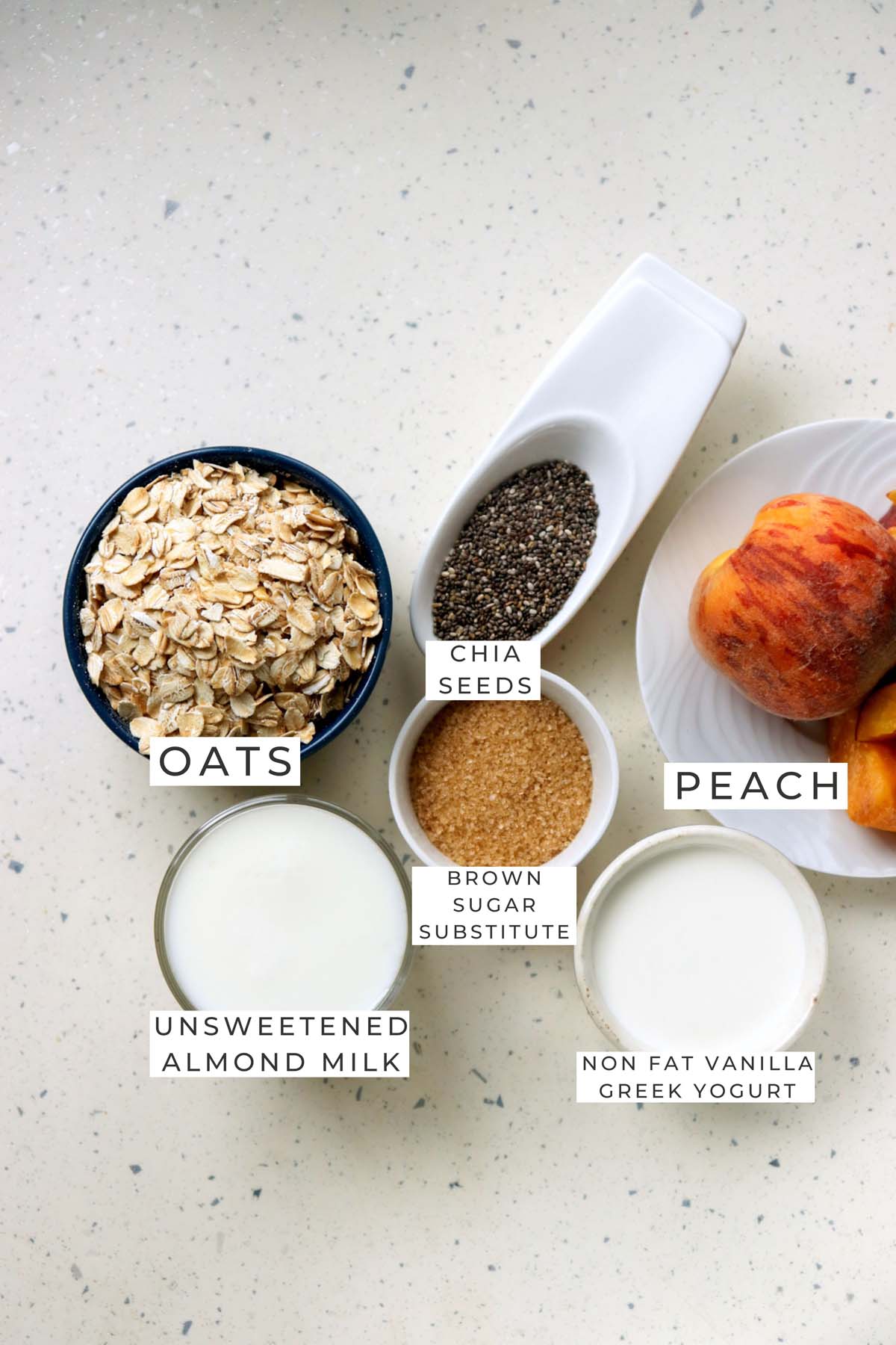 Labeled ingredients to make the overnight oats.