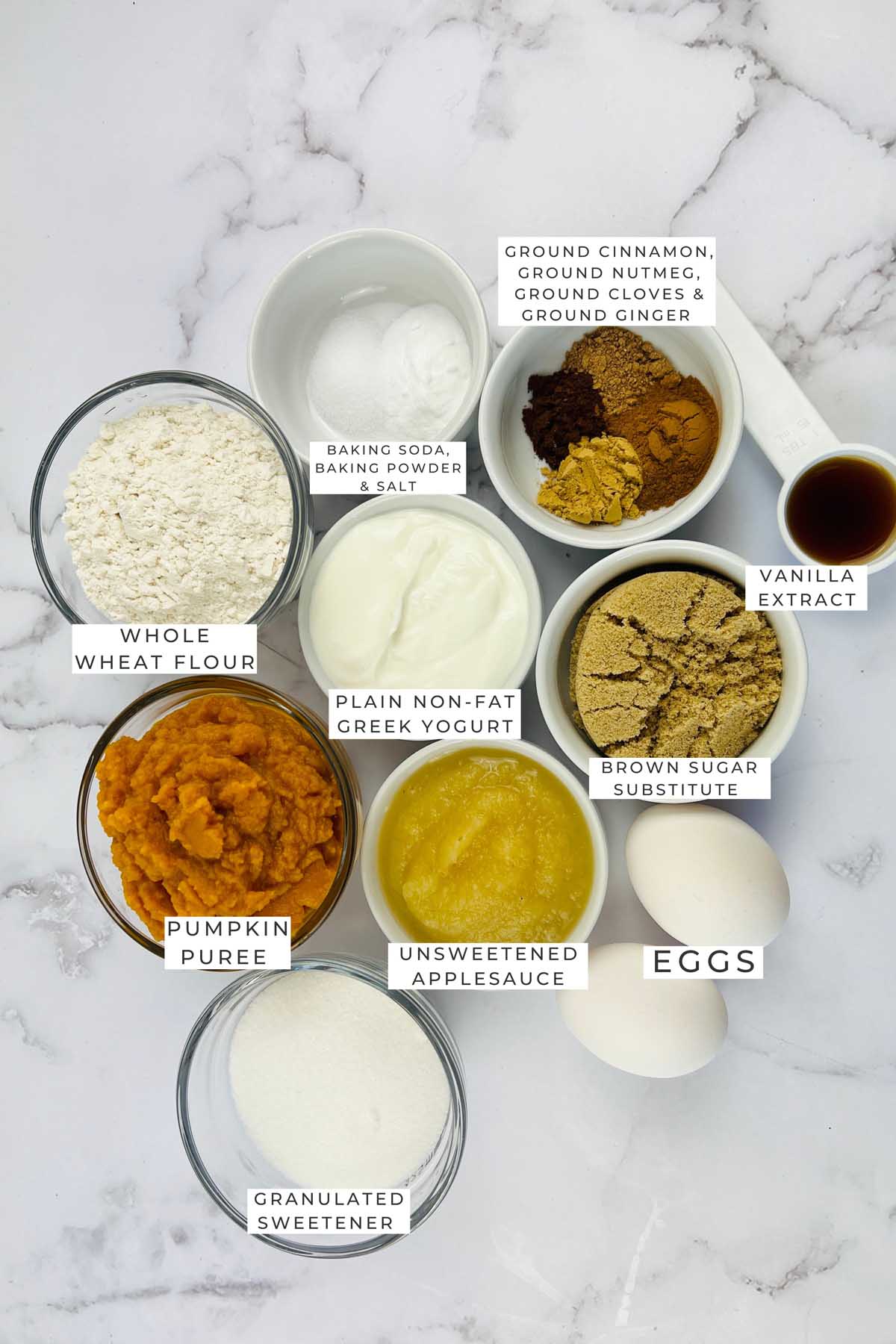 Labeled ingredients to make the pumpkin bread.