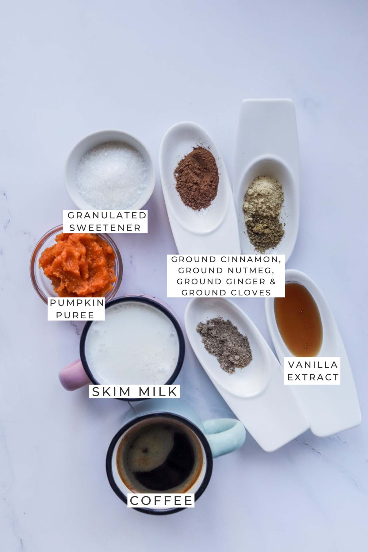 Labeled ingredients for the latte.