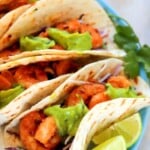 Pinterest pin of low calorie shrimp tacos.