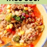 Pinterest pin of low calorie taco soup.